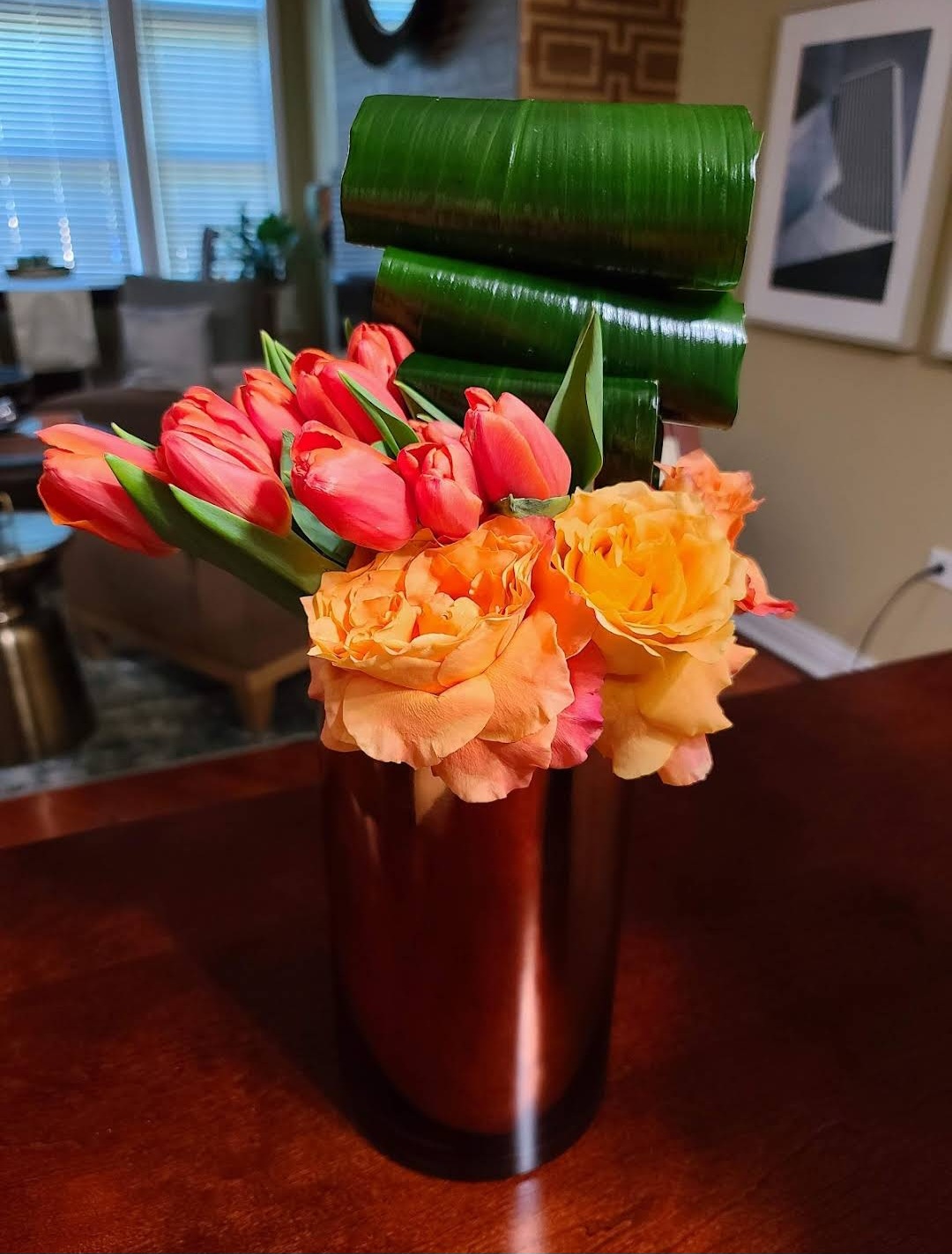 Tulip and rose arrangement in a copper vase — Modern LUXE Flowers Chicago