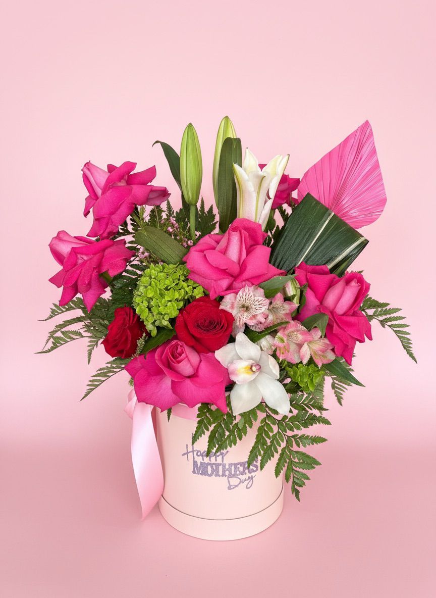 Pink Mother's Day hat box arrangement — Modern LUXE Flowers Chicago