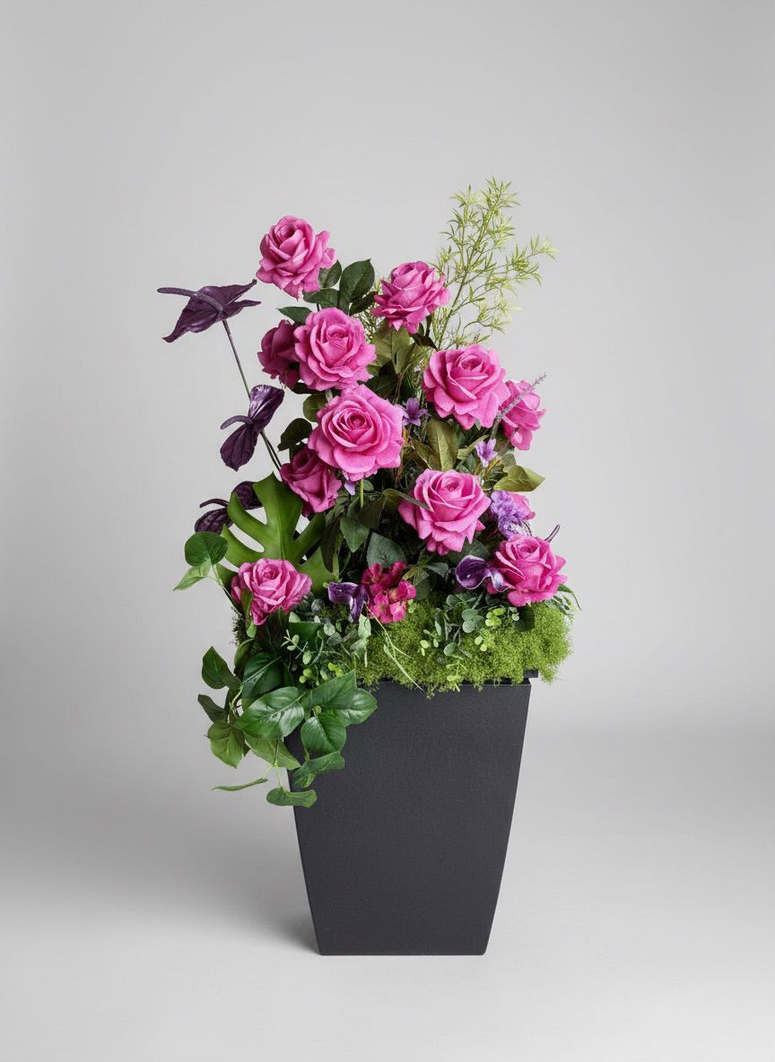 Pink rose corporate planter arrangement — Modern LUXE Flowers Chicago