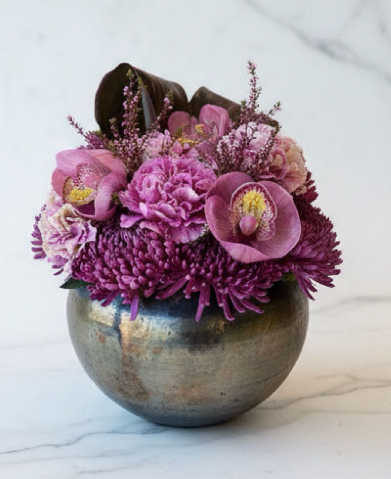 Purple mum and orchid metallic sphere arrangement — Modern LUXE Flowers Chicago