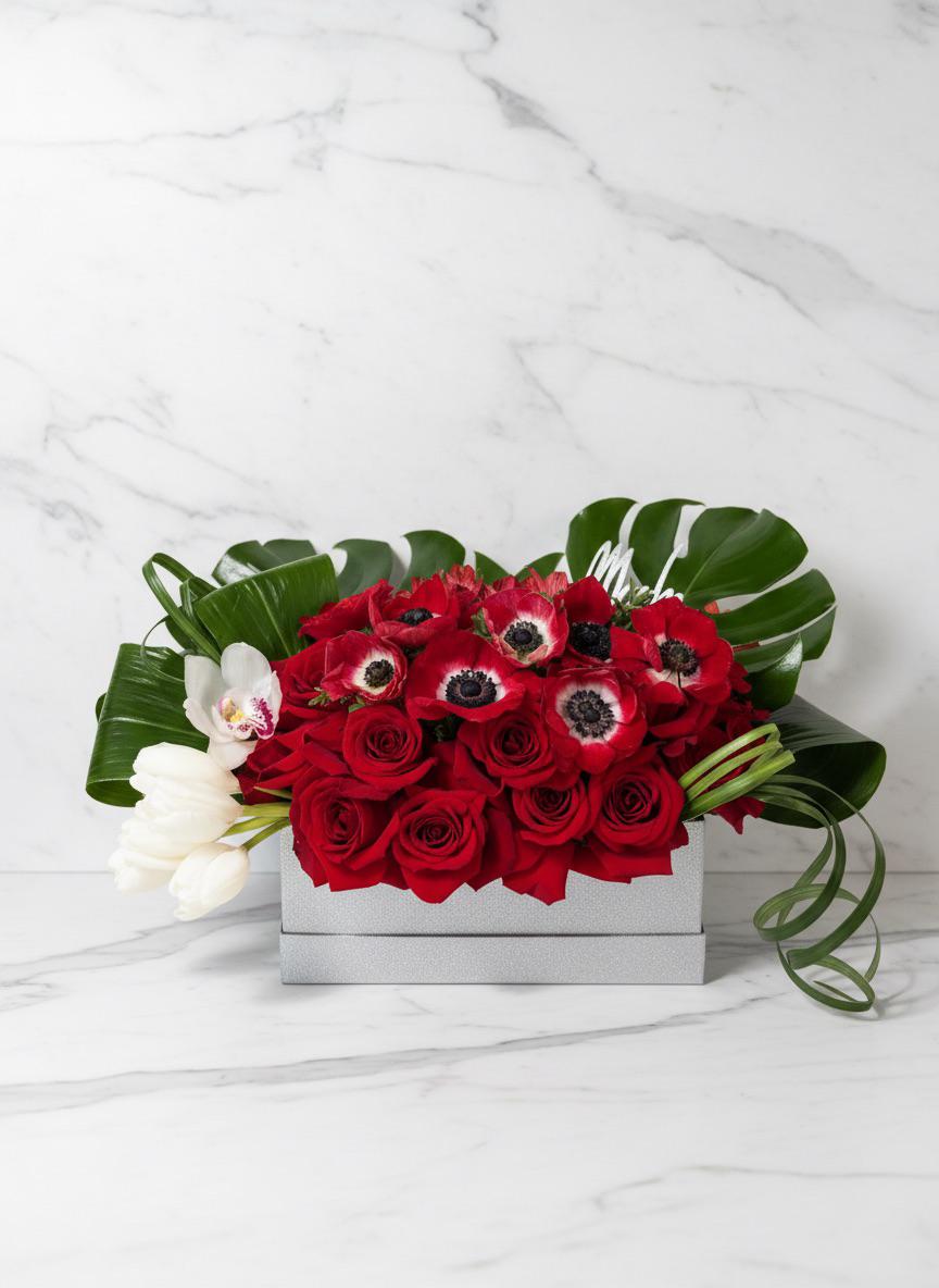 Red roses and anemones in silver box — Modern LUXE Flowers Chicago